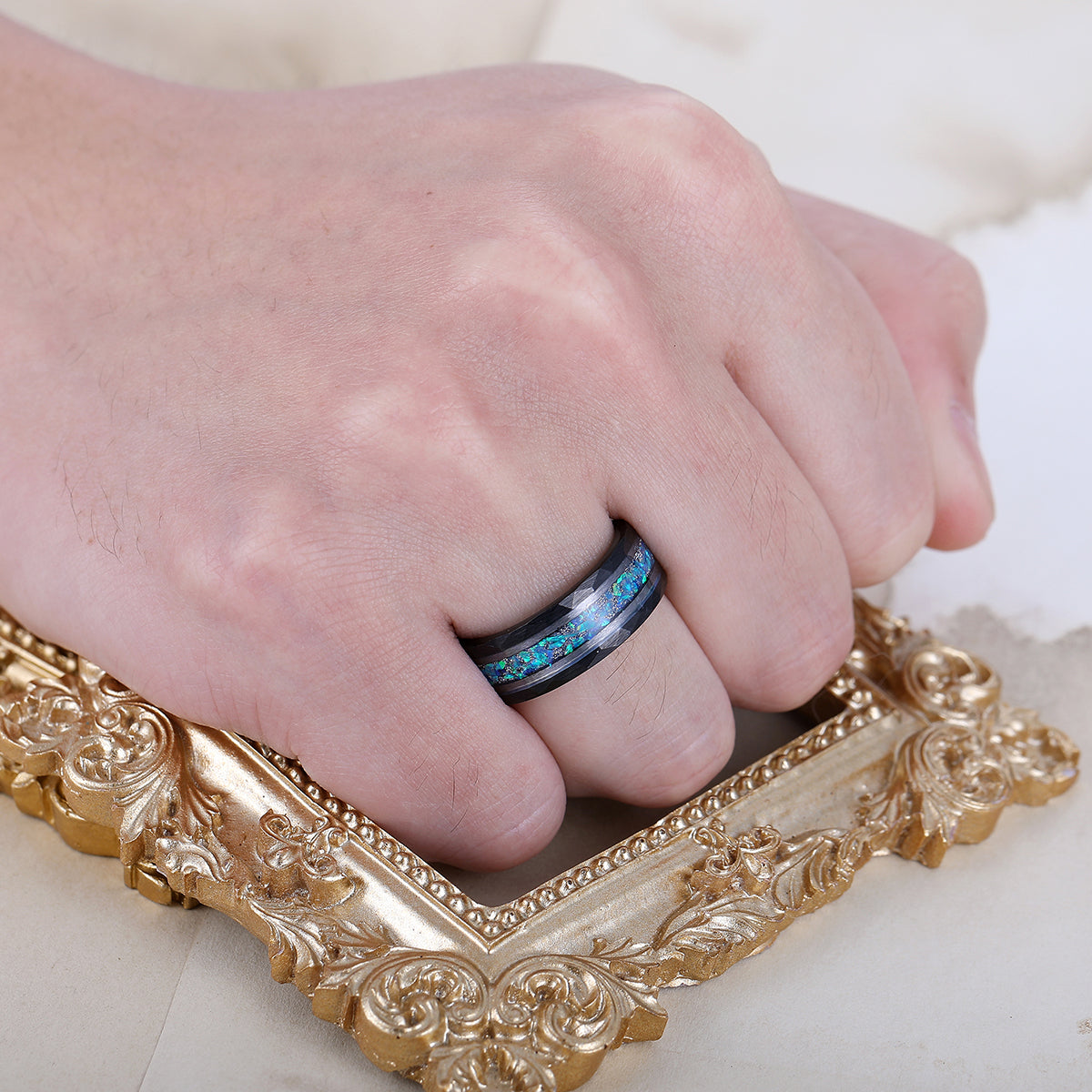 Elegant  Men's 8mm Tungsten Ring Blue Opal Inset - Black, Rose Gold, Yellow Gold Anniversary & Promise Ring