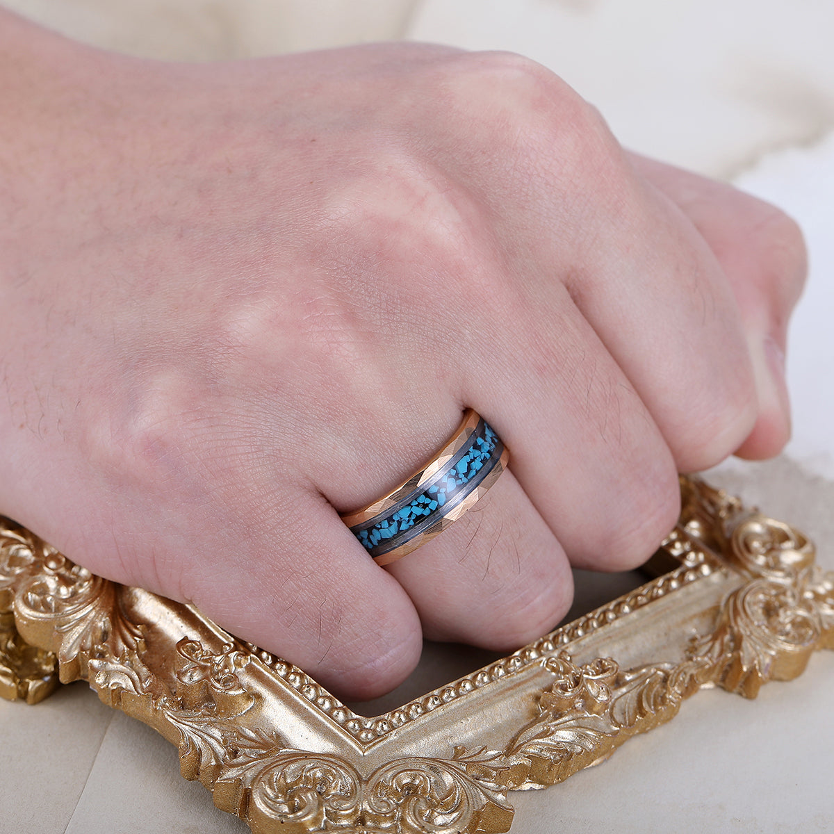 Unique Blue Green Turquoise Men' s Tungsten Ring Hammered Men And Women Anniversary Birthday Ring