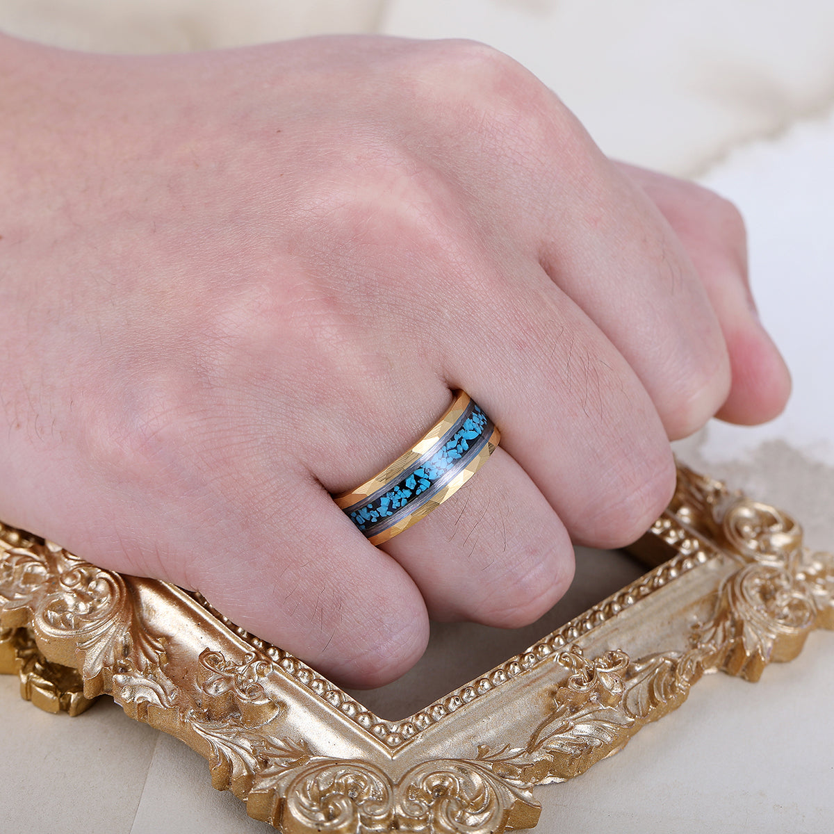 Unique Blue Green Turquoise Men' s Tungsten Ring Hammered Men And Women Anniversary Birthday Ring