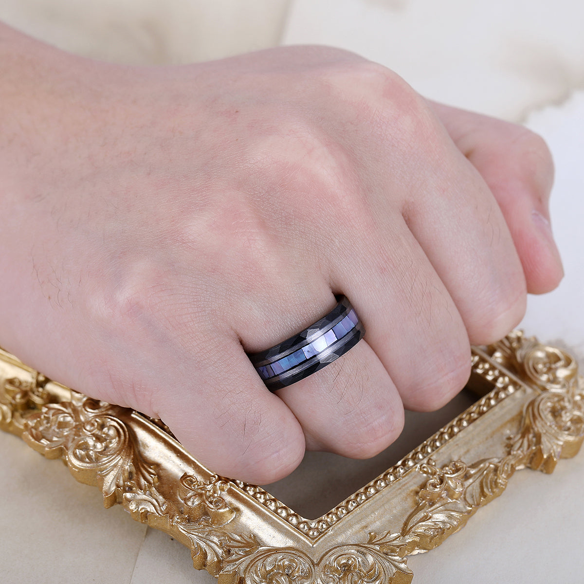 Hammered Tungsten Engravable Promise Ring With White Shell Inset Ideal Anniversary Ring