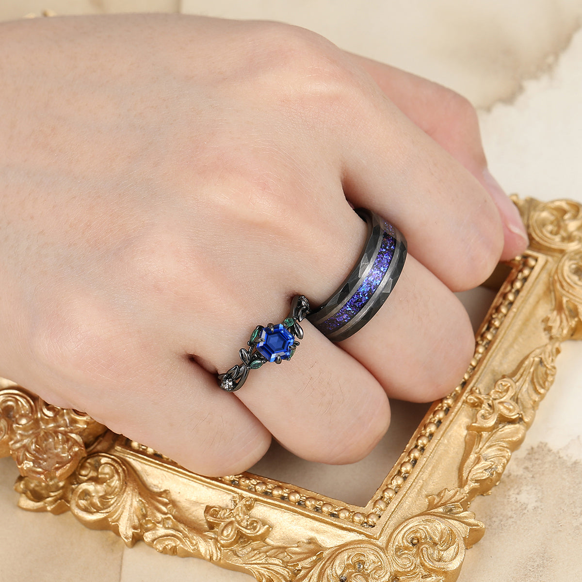 Unique Sapphire Engagement Leaves Couple Rings Black Plated Matching His And Hers Wedding Bands
