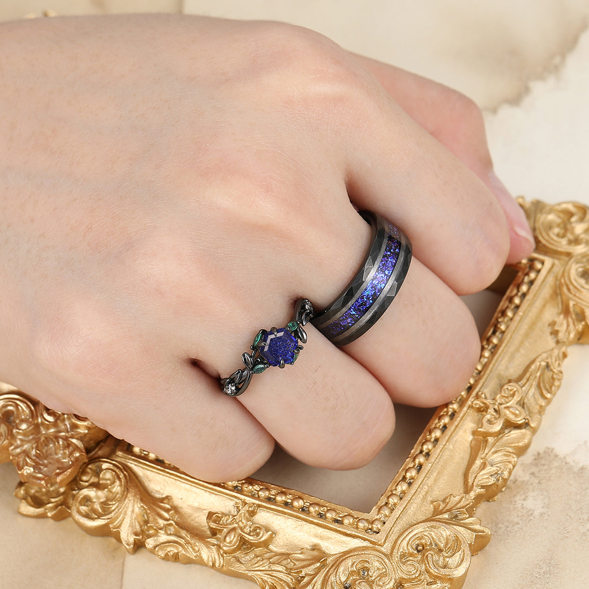 Sparkling Galaxy Sandstone Engagement Leaves Couple Rings S925 And Tungsten His And Hers Wedding Bands