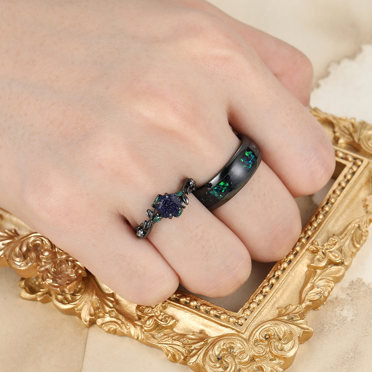 Art Deco Blue Sanstone Twigs Engagement Couple Rings Set Matching Black Tungsten Wedding Band