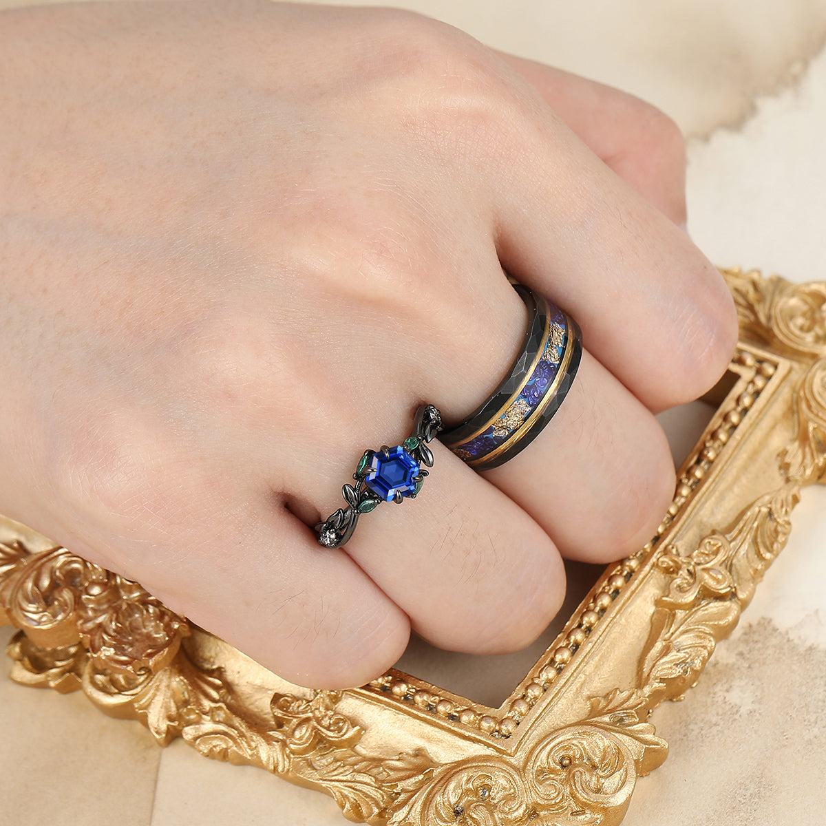 Dainty Sapphire Leaves Branches Couple Rings Promise Matching Tungsten Wedding Band For Couples