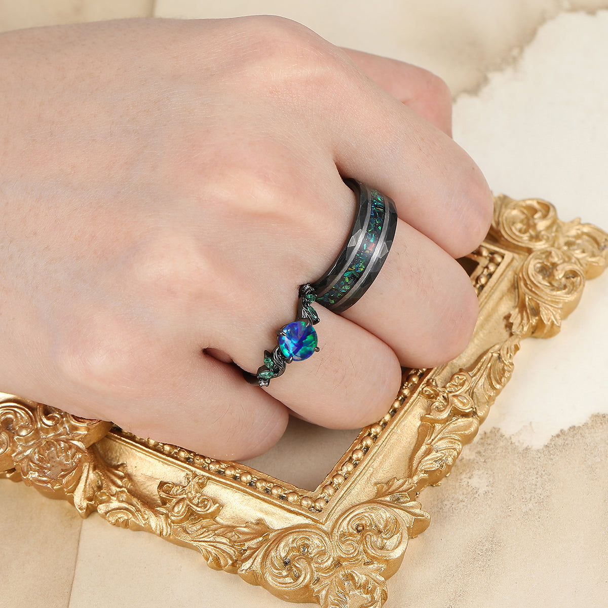 Stylish Round Shape Peacock Green Opal Engagement Rings For Couples His And Hers Marriage Ring