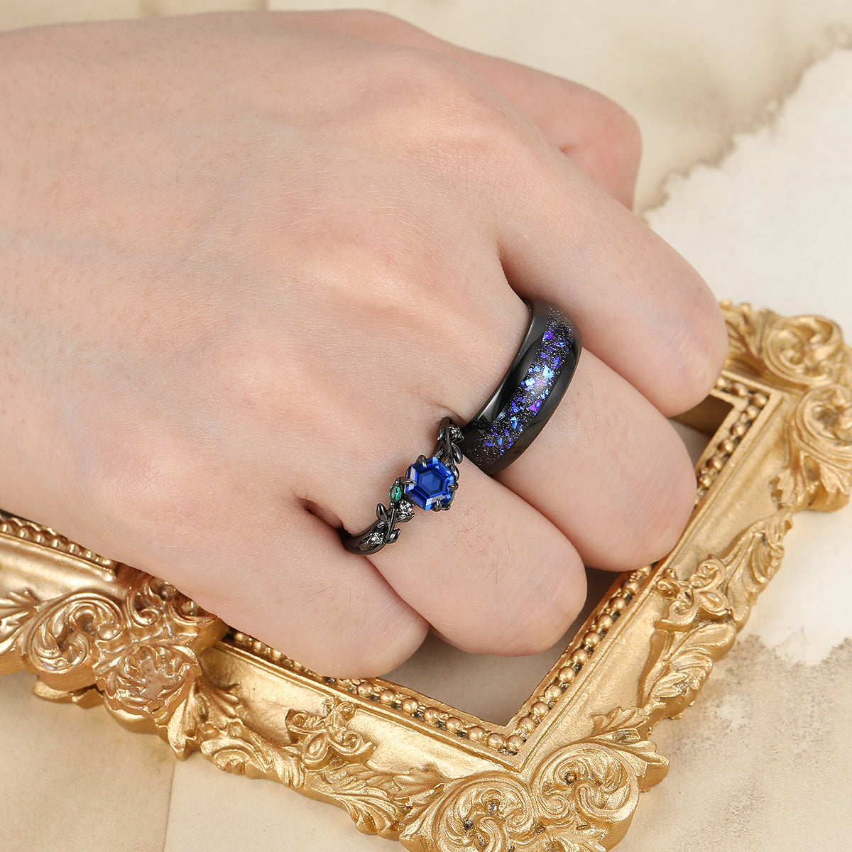 Artsy Sapphire Wheat Ear Motif Couple Rings Unique Polished Dome Tungsten Wedding Band