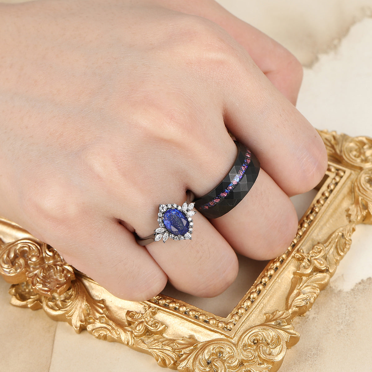 Romantic Galaxy Sandstone Engagement Couple Rings Promise Blue Hammered Tungsten Ring