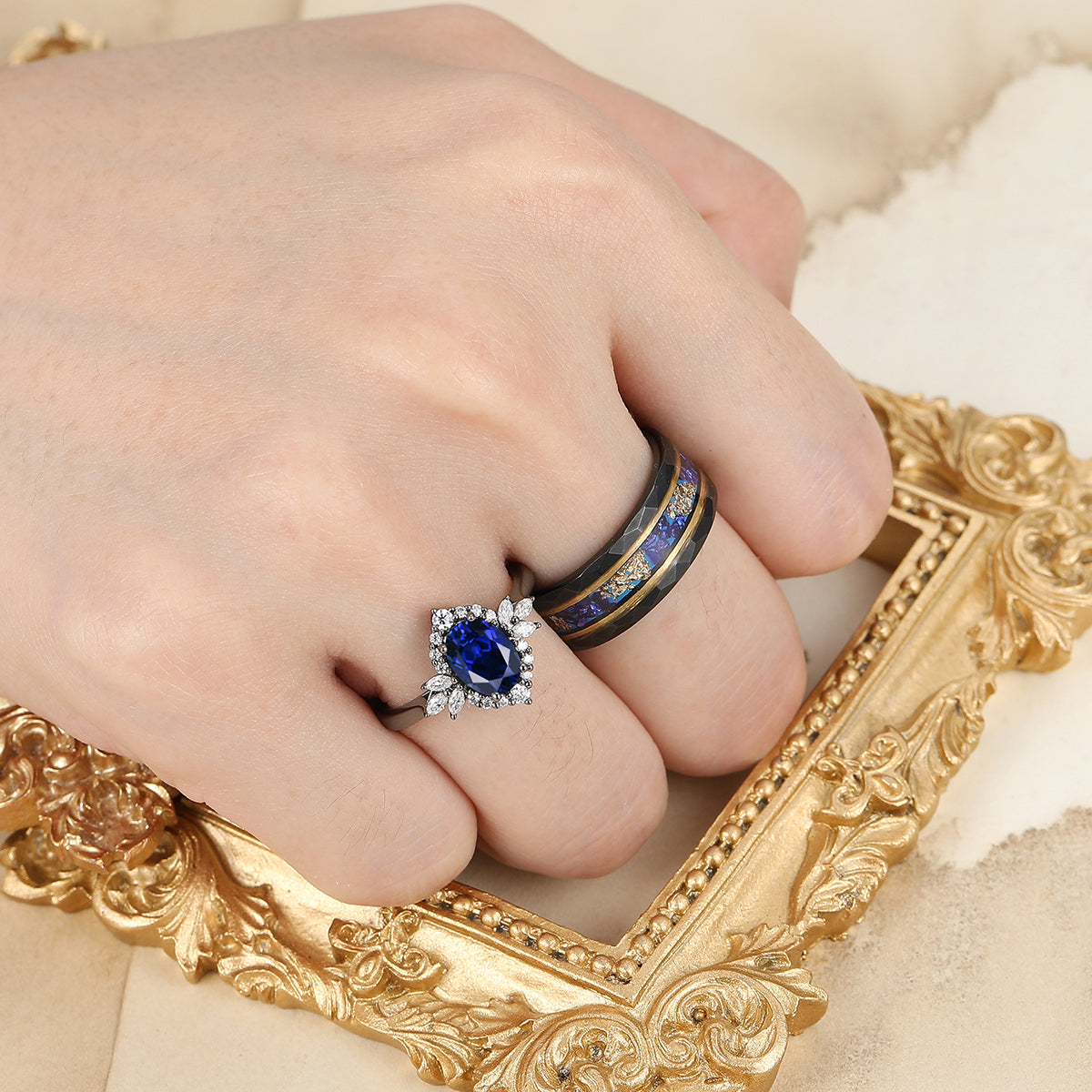 Noble Blue Sapphire Couple Rings Deco Milgrain Moissanite Floral Rings Blue Hammered Tungsten Ring