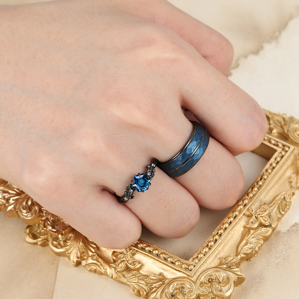 Hexagon Cut London Blue Topaz Wheat Design Couple Rings S925 And Tungsten Wedding Band