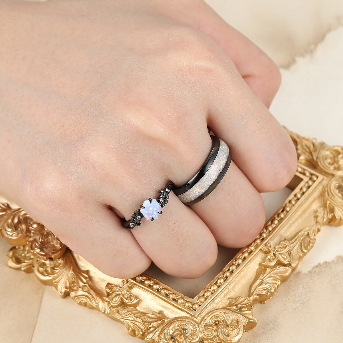 Unique Pink White Opal Wheat Design Couple Rings Anniversary His And Hers Wedding Bands