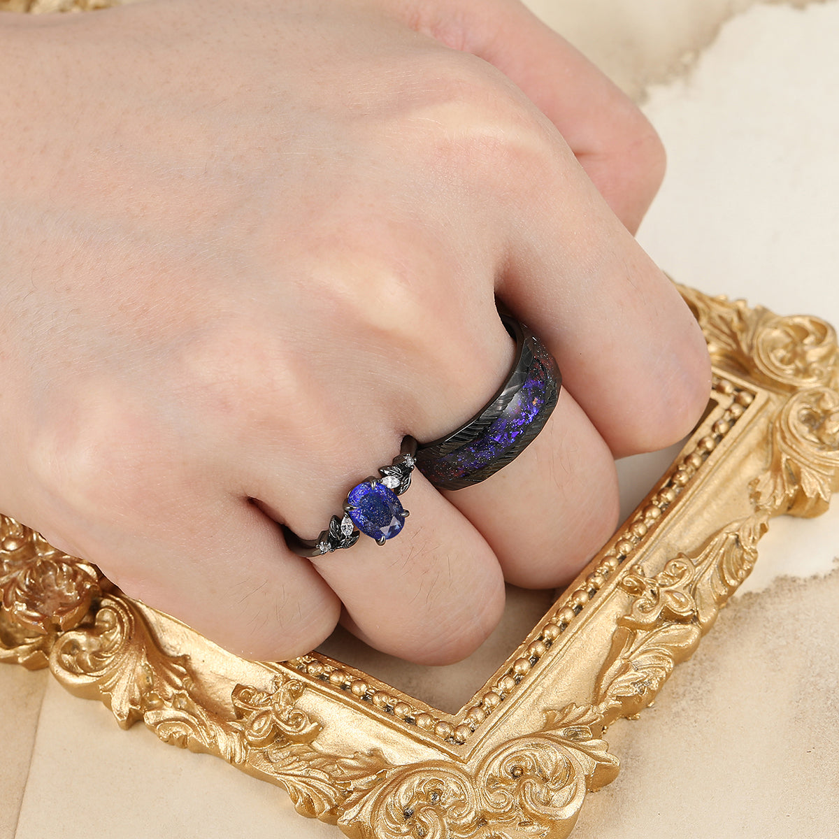 Aglisten Galaxy Sandstone Couple Rings Matching Engagement and Wedding Rings