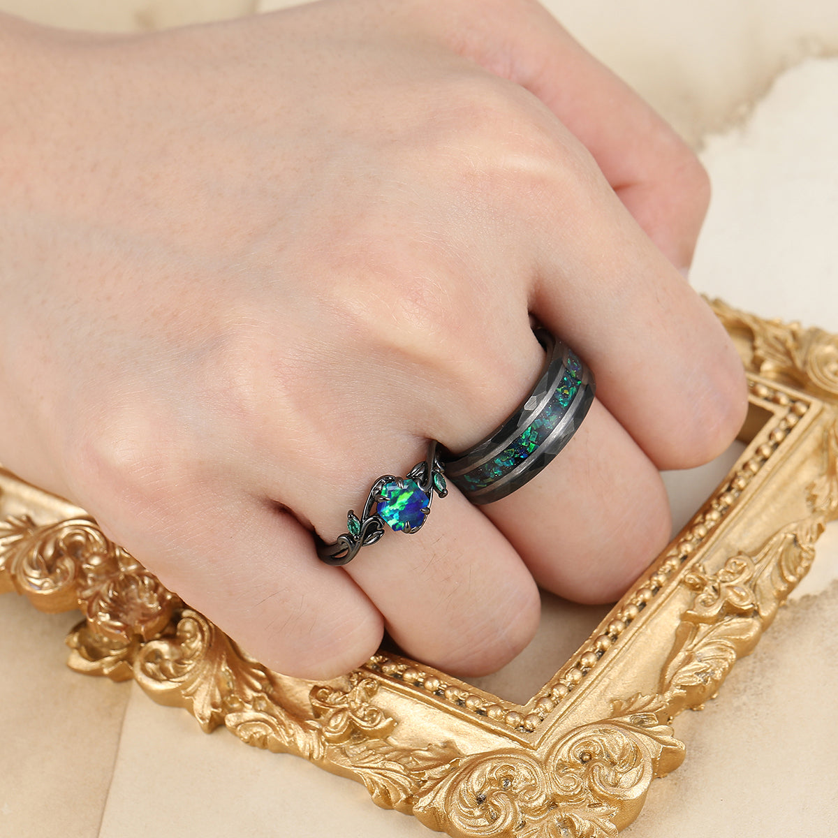 Hexagon Cut Peacock Green Opal Branches Couple Rings Hammered His And Hers Wedding Band