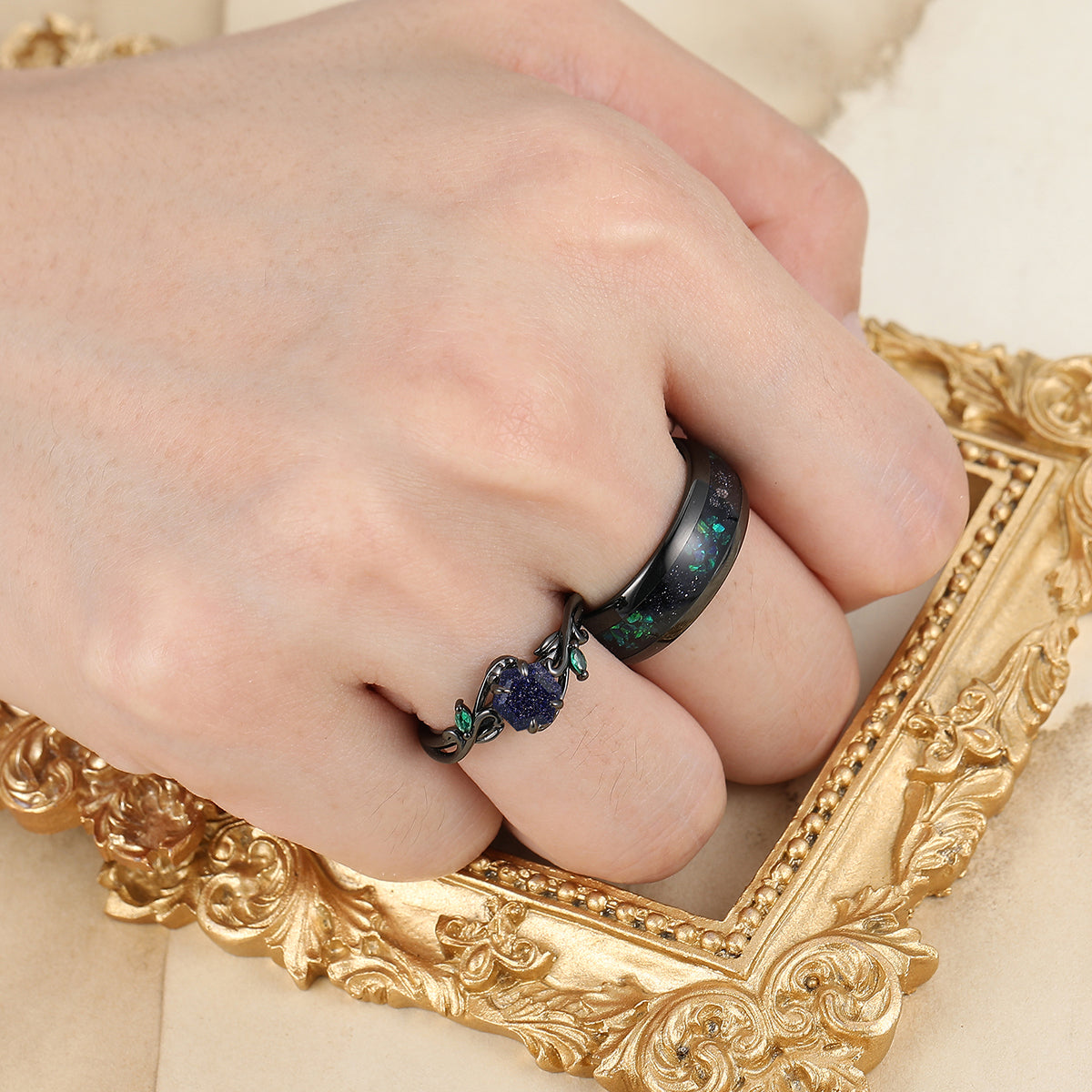 Unique Blue Sanstone Twigs Engagement Couple Rings Modern Black Tungsten Wedding Band