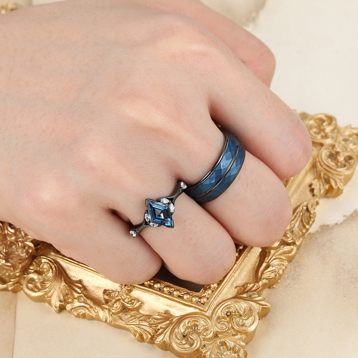 Stylish Rhombus London Blue Topaz Curved Rings For Couples Promise His And Hers Matching Wedding Band