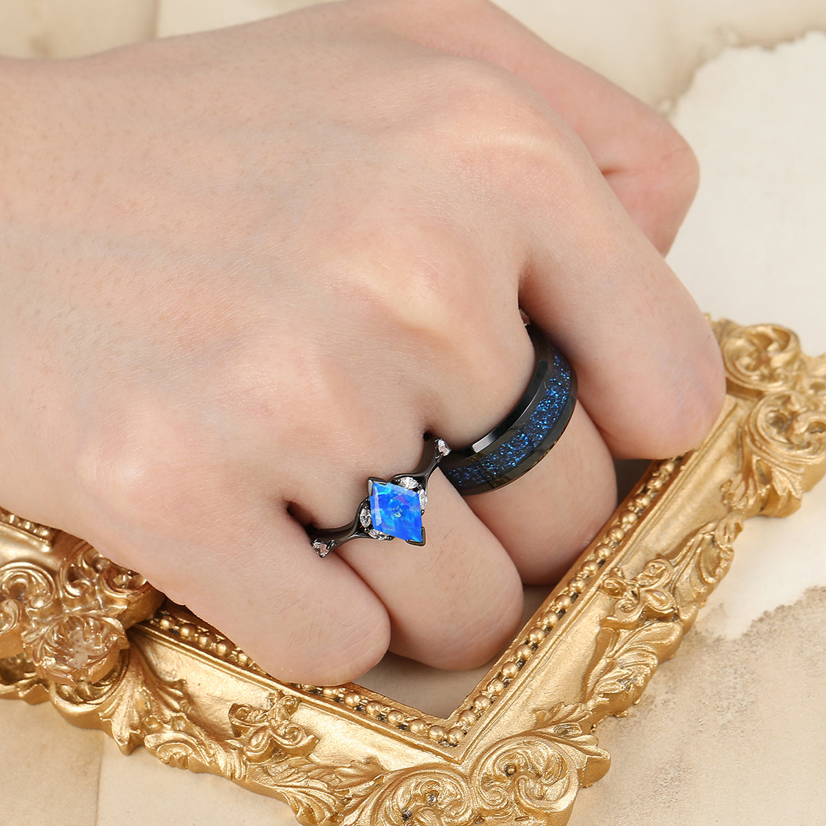 Stylish 2CT Rhombus Blue Opal His And Her Wedding Bands Matching Aglisten Personalized Couples' Set