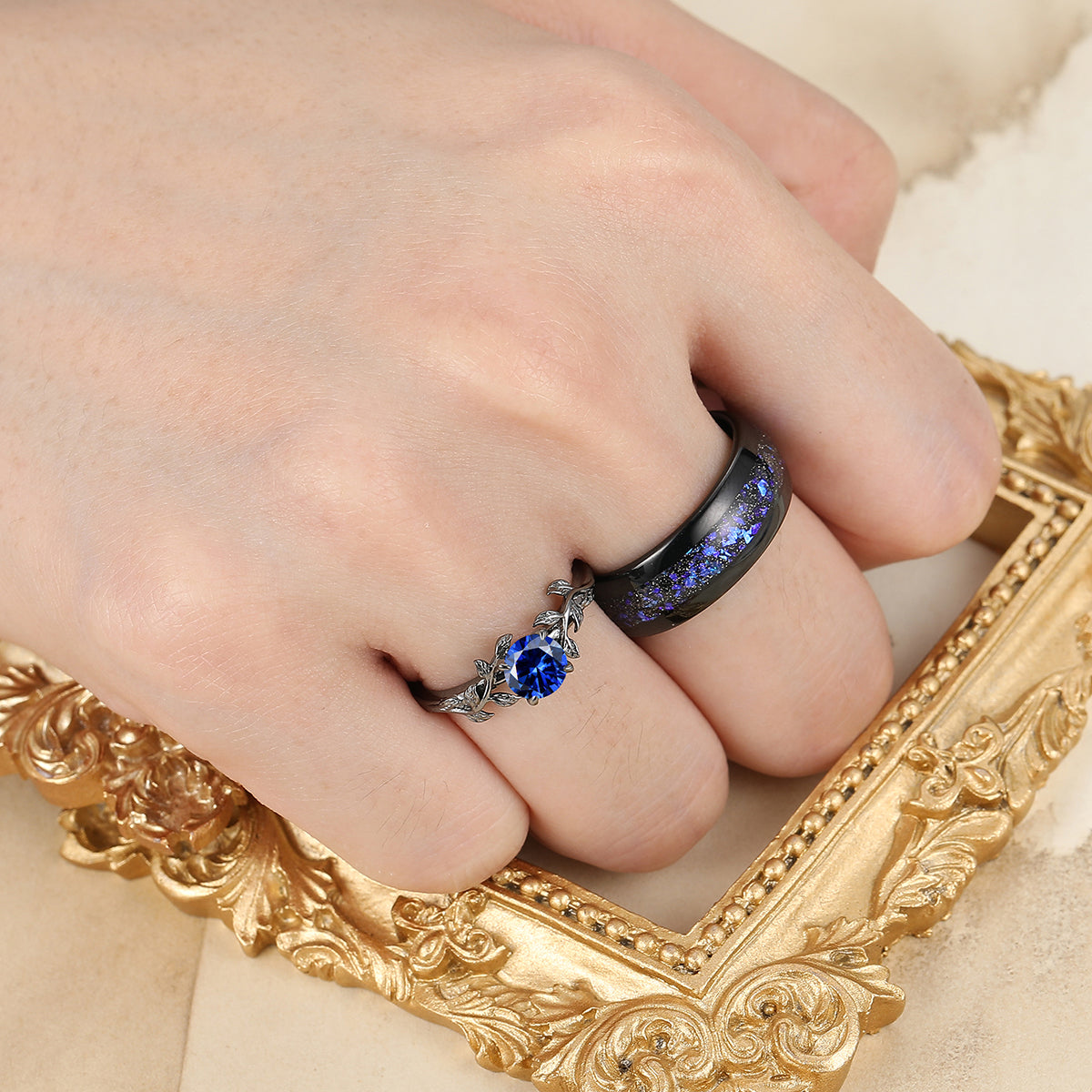 Unique Sapphire Leaf Engagement His And Hers Wedding Bands Blue Tungsten Rings For Couples