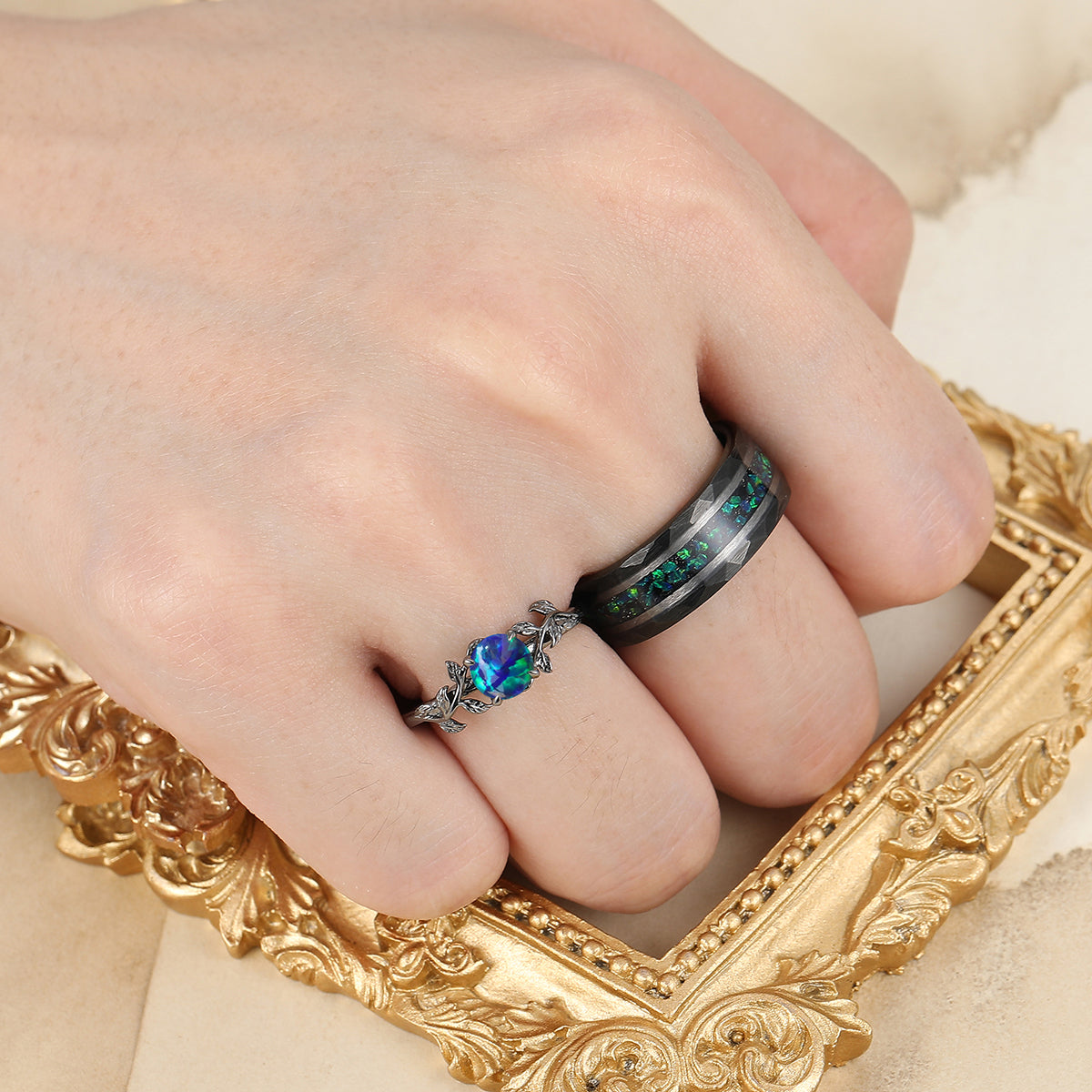 Leaf Design Peacock Green Opal Engagement Couples Ring Set S925 And Hammered Tungsten Ring