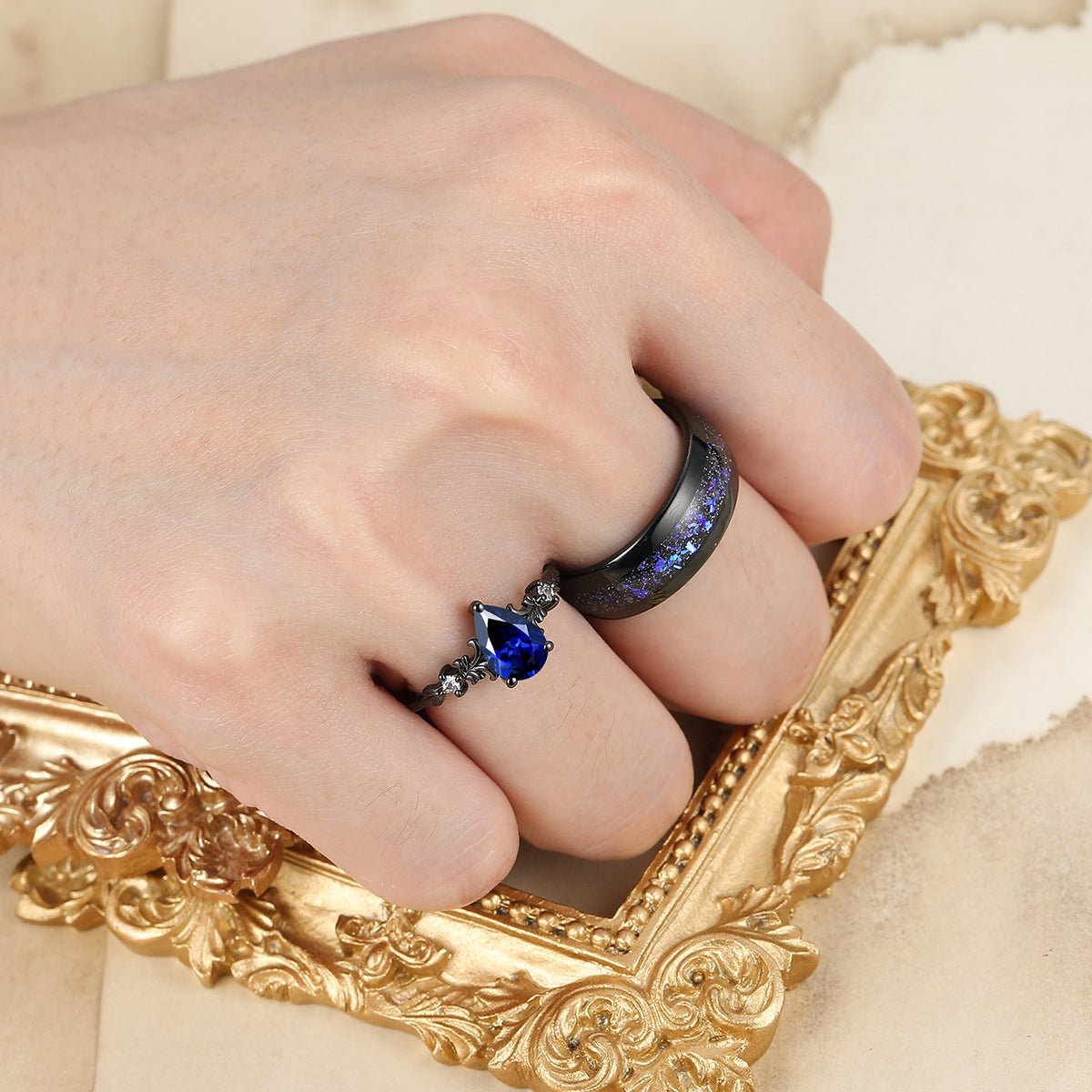 Dainty Pear Shape Sapphire Vine Engagement Couple Rings Marriage Ring Wedding Ring Set