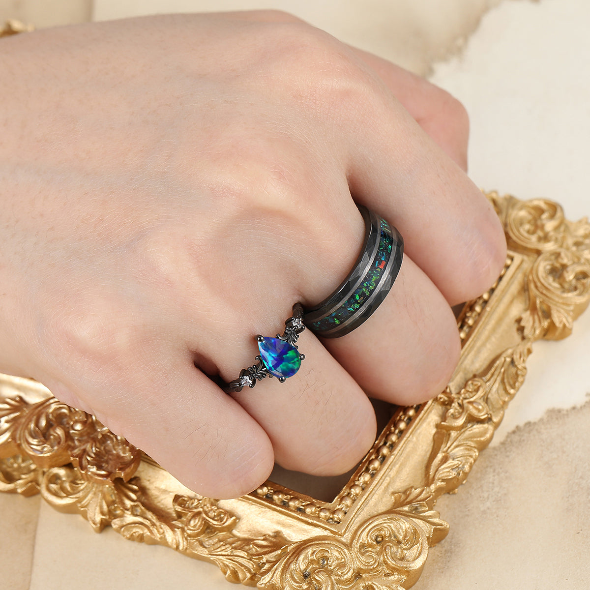 Alternative Filigreed Peacock Green Opal His And Hers Wedding Bands Promise Rings For Couples