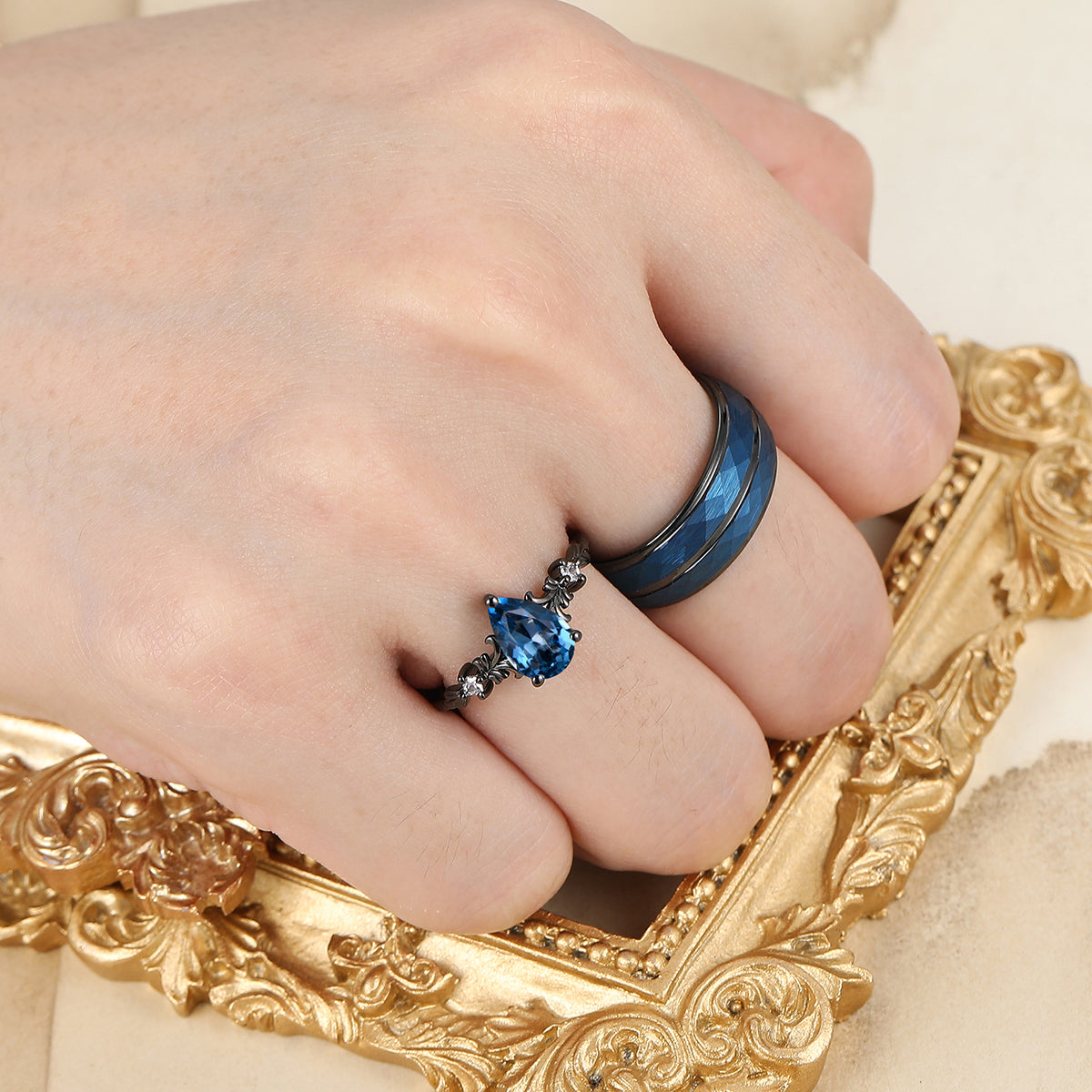 Pear Cut London Blue Topaz Couple Rings Promise Blue Anniversary His And Hers Wedding Band