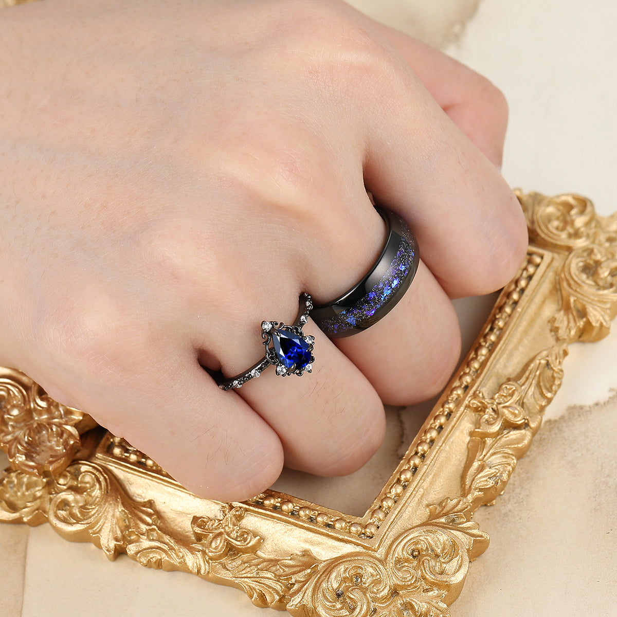 Dainty Pear Cut Sapphire Engagement Couple Rings 925 Sterling Silver And Tungsten Matching Ring