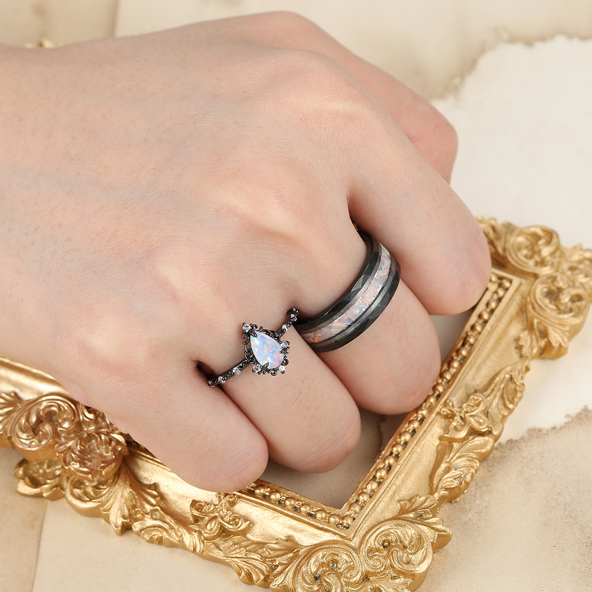 Romantic Pink White Opal Filigreed Engagement Couple Rings S925 And Tungsten His And Hers Wedding Band