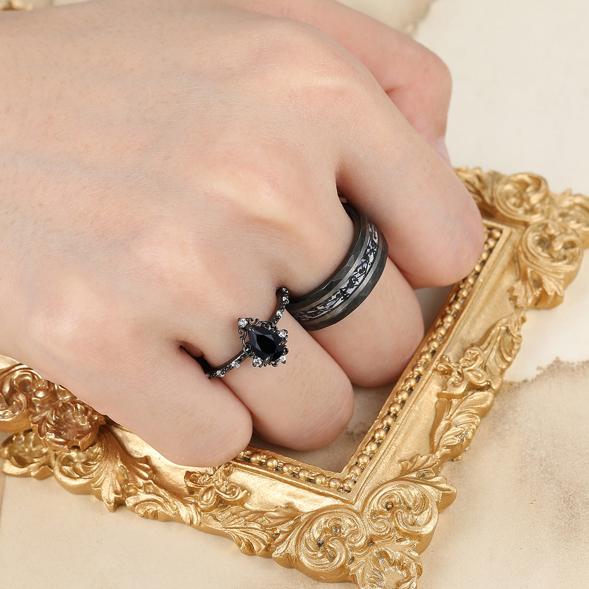 Filigreed Natural Black Onyx Engagement Rings For Couples Modern Hammered Anniversary Wedding Band