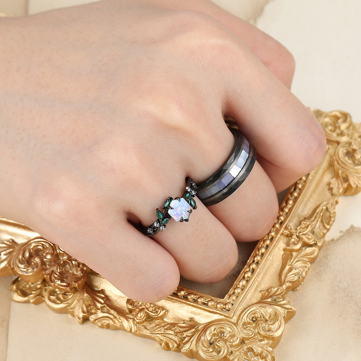 Delicate Pink White Opal Engagement Rings For Couples Personalized Anniversary Couples' Set