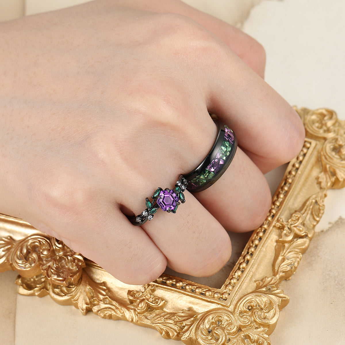 Dainty Natural Amethyst Leaves Twigs Engagement Couple Rings Promise Purple Tungsten Matching Ring