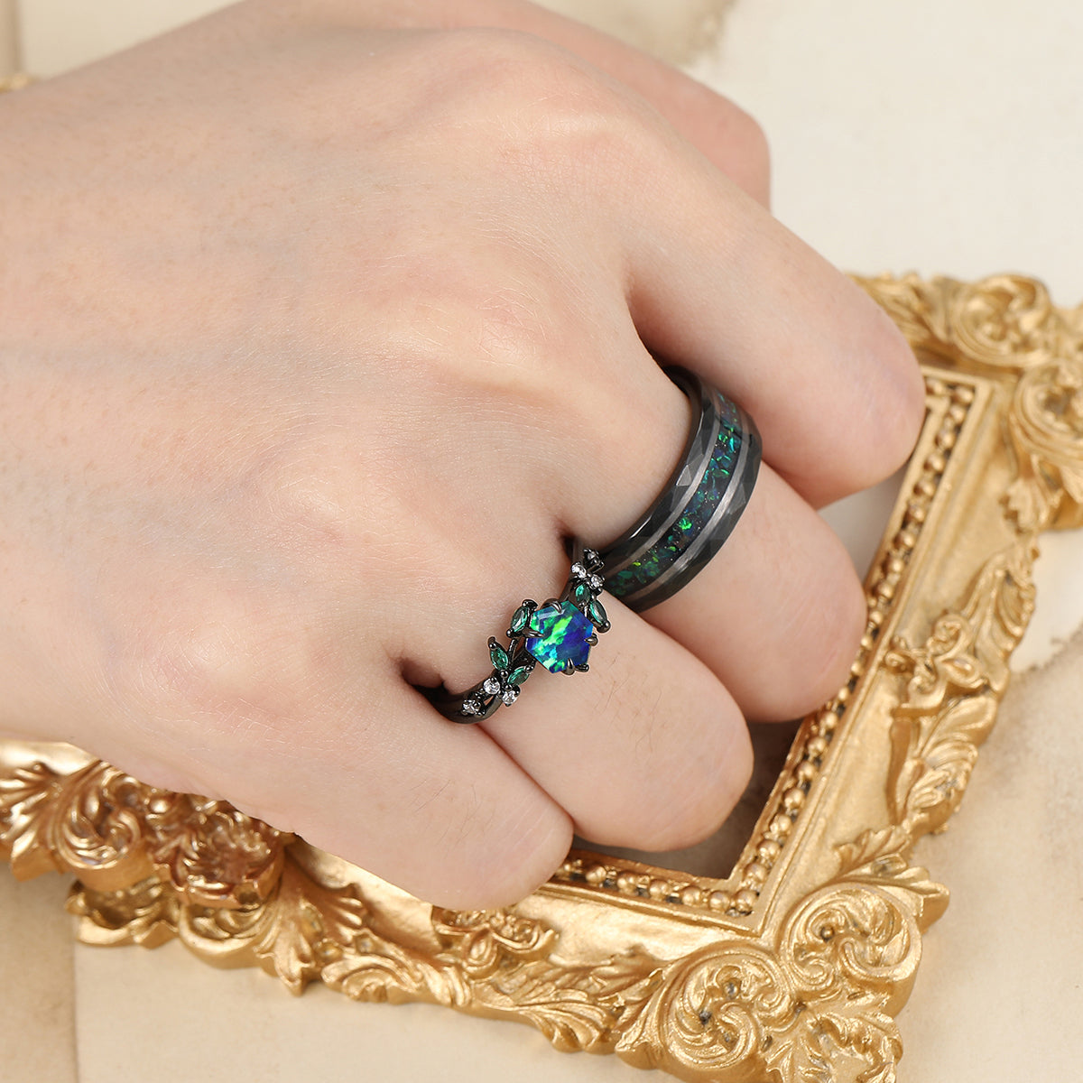 Exquisite Peacock Green Opal Engagement Couples Ring Promise Black Matching Wedding Bands Marriage Rings