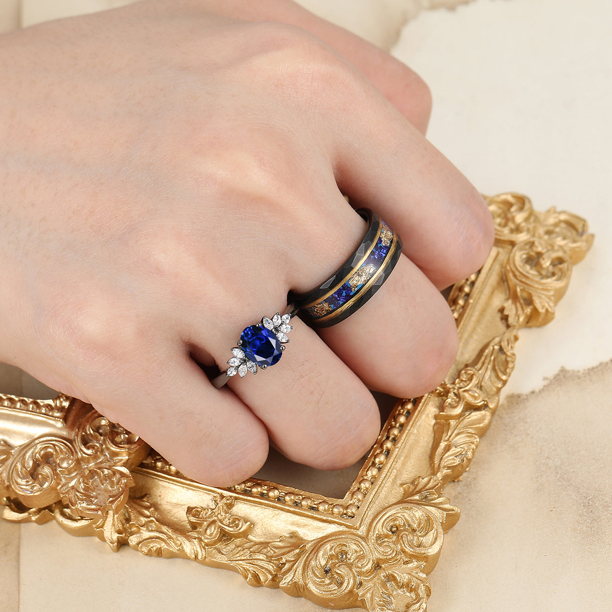 Oval Cut Sapphire Petal Design Couple Rings Promise Black Plated His And Hers Wedding Band