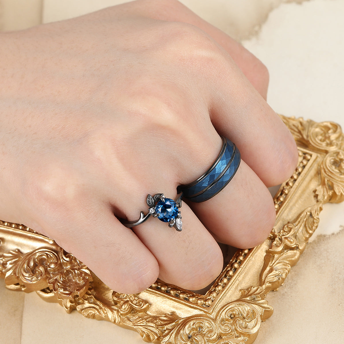 Dainty London Blue Topaz Engagement Couple Rings Blue Personalized Couples' Set Marriage Ring