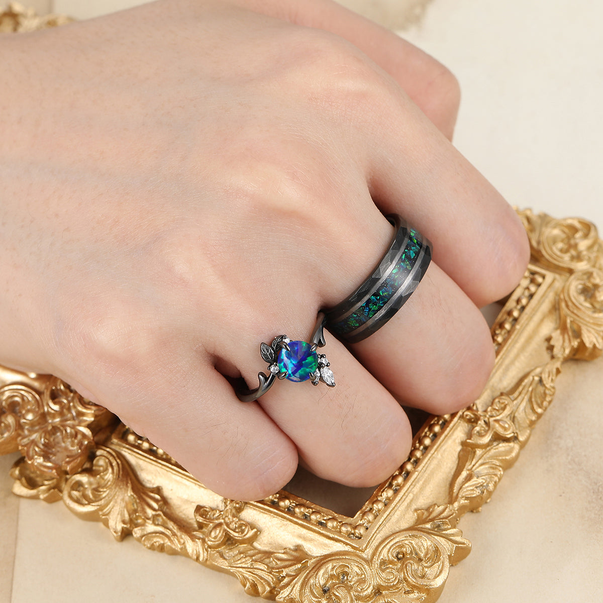 Floral Design Peacock Green Opal His And Hers Wedding Band S925 And Tungsten Anniversary Marriage Band