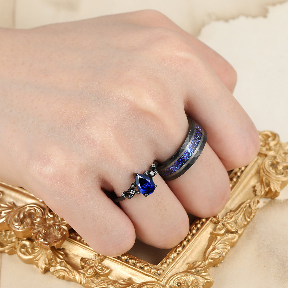 Gorgeous Sapphire Branch Leaf Engagement Couple Rings Hammered Promise Tungsten Wedding Rings