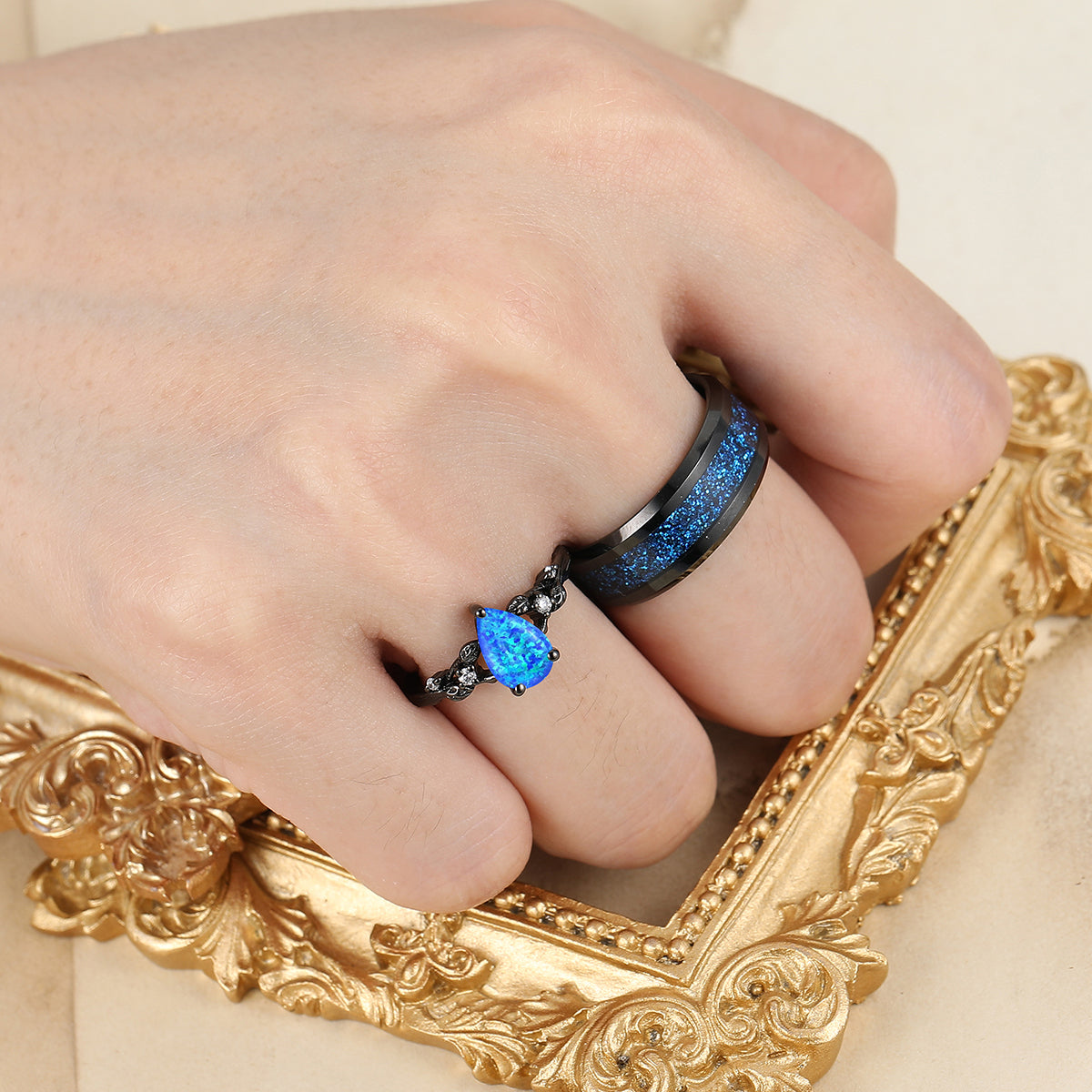 Exquisite Blue Opal Stem Design Engagement Couple Rings Personalized Blue Couples' Set