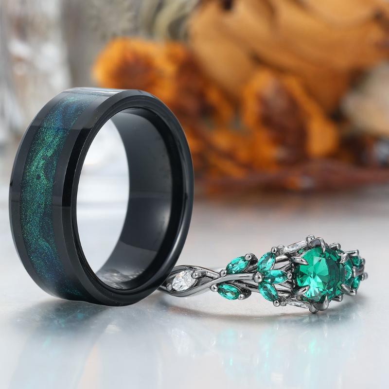 Emerald Engagement Couples Ring Set And Galaxy Quicksand Inlay Tungsten Matching Ring His and Hers Ring Set