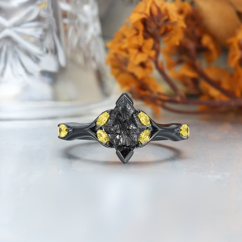 Alternative Black Rutilated Quartz Couple Rings Black And Gold Promise Rings For Couples