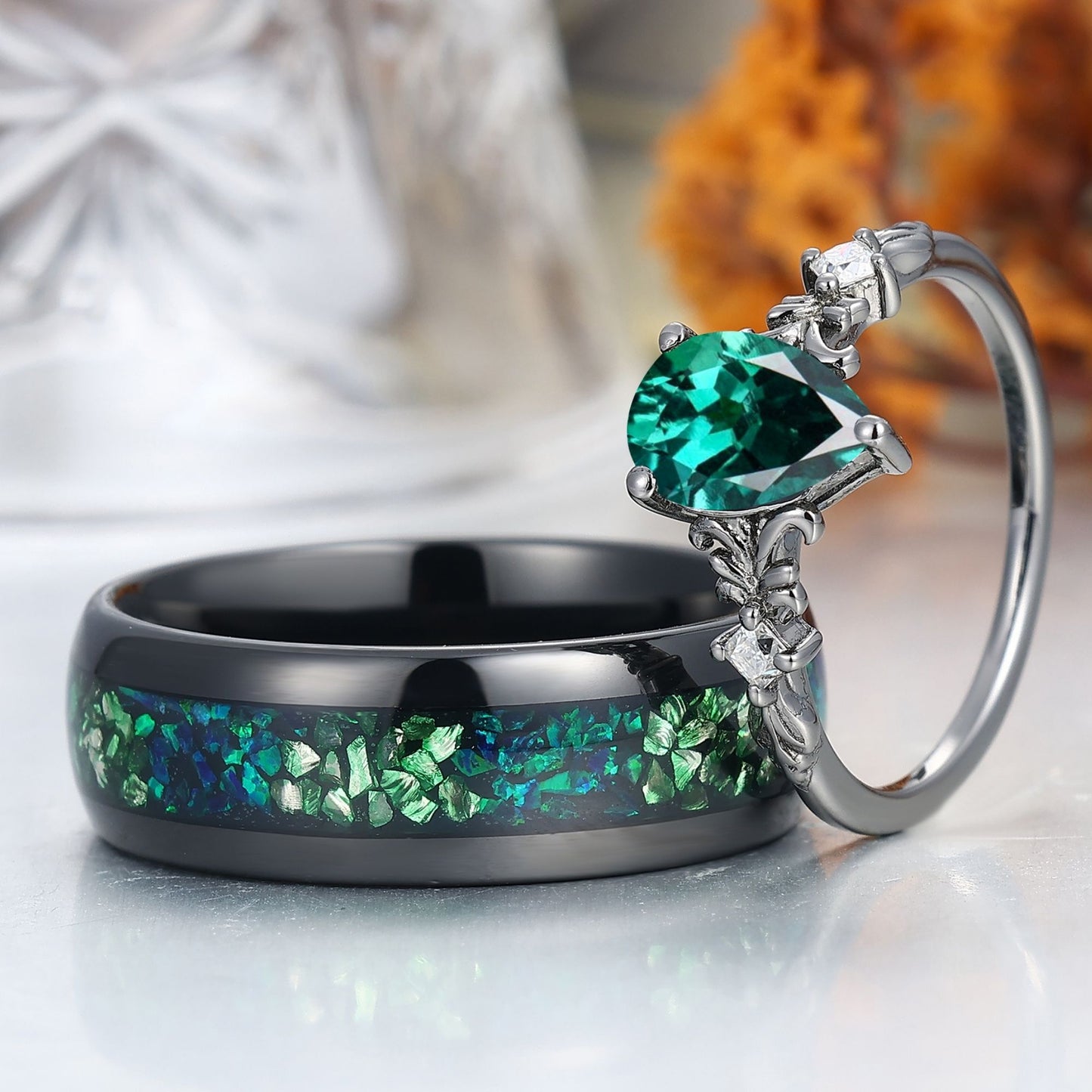 Gorgeous Pear Cut Emerald Couple Rings Green His And Hers Matching Ring Set